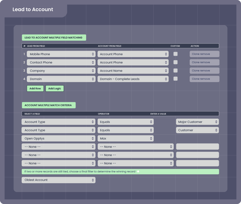 customizable lead to account matching