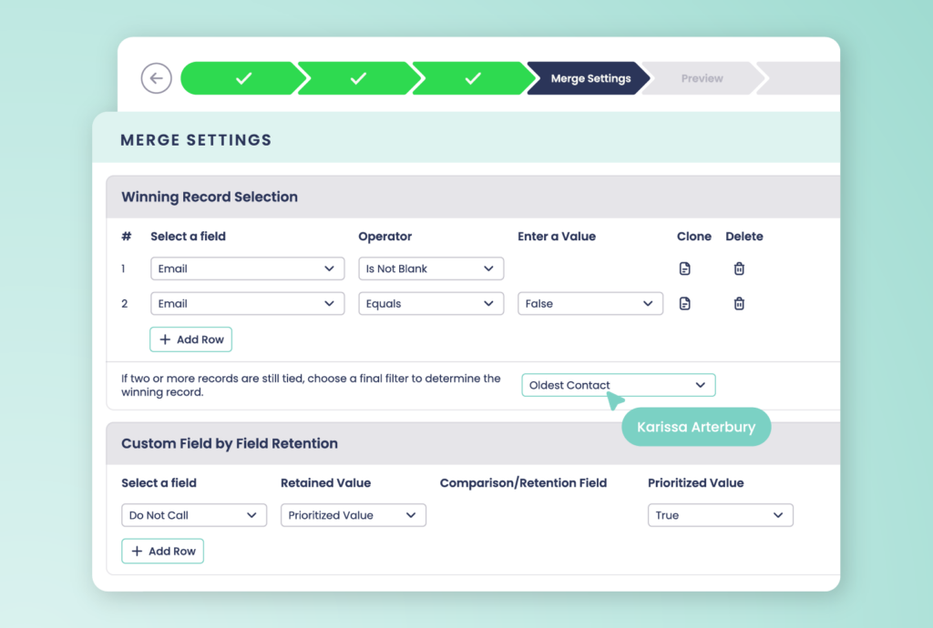 Screenshot showing Traction Complete UI for Salesforce record cleaning