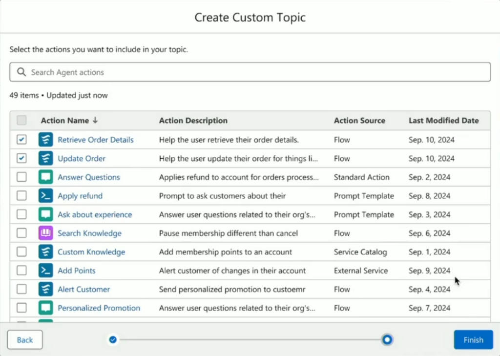 A screen capture from Salesforce's Agentforce Keynote the topic builder screen with two actions, retrieve order details and update order, selected.