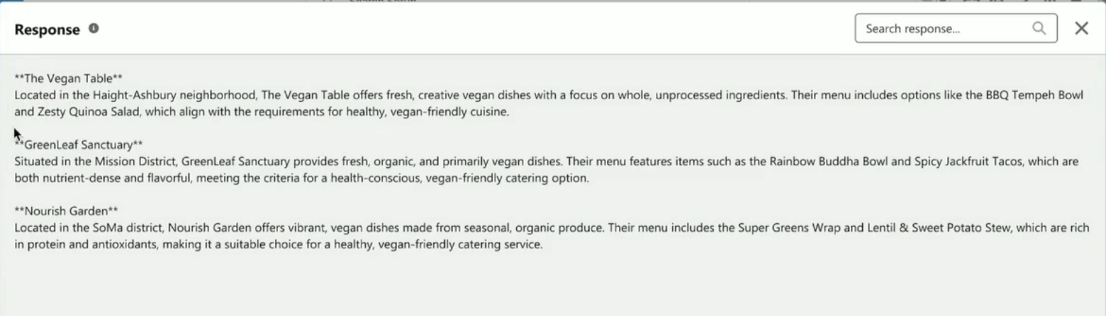 A screen capture from Salesforce's Agentforce Keynote showcasing an agent response to a customer inquiry about local catering options near their location. The responses are all healthy, vegan-friendly restaurants located in San Francisco.