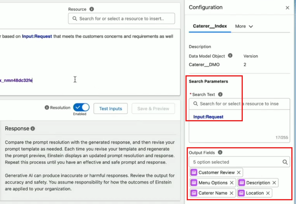 A screen capture from Salesforce's Agentforce Keynote showing the configuration menu for search parameters and output fields.