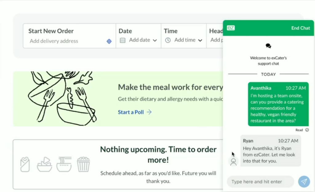 A screen capture from Salesforce's Agentforce Keynote showing a customer talking to an online agent. The customer is asking for catering recommendations for their team onsite, specifically asking for healthy and vegan-friendly restaurants in the area.