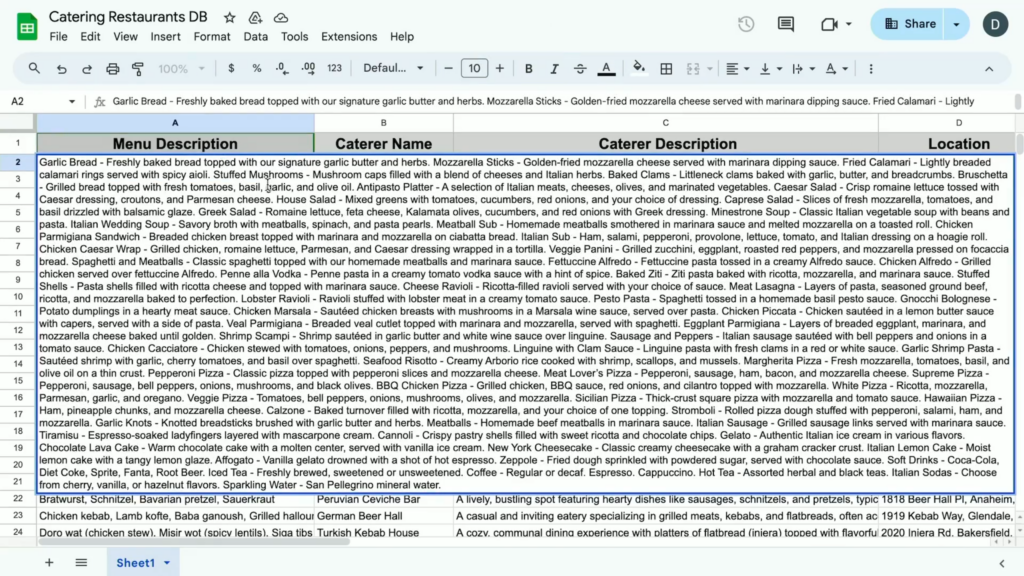 A screen capture from Salesforce's Agentforce Keynote showing a Google Sheets spreadsheet with rows detailing Menu Description, Caterer Name, Caterer Description, and Location.