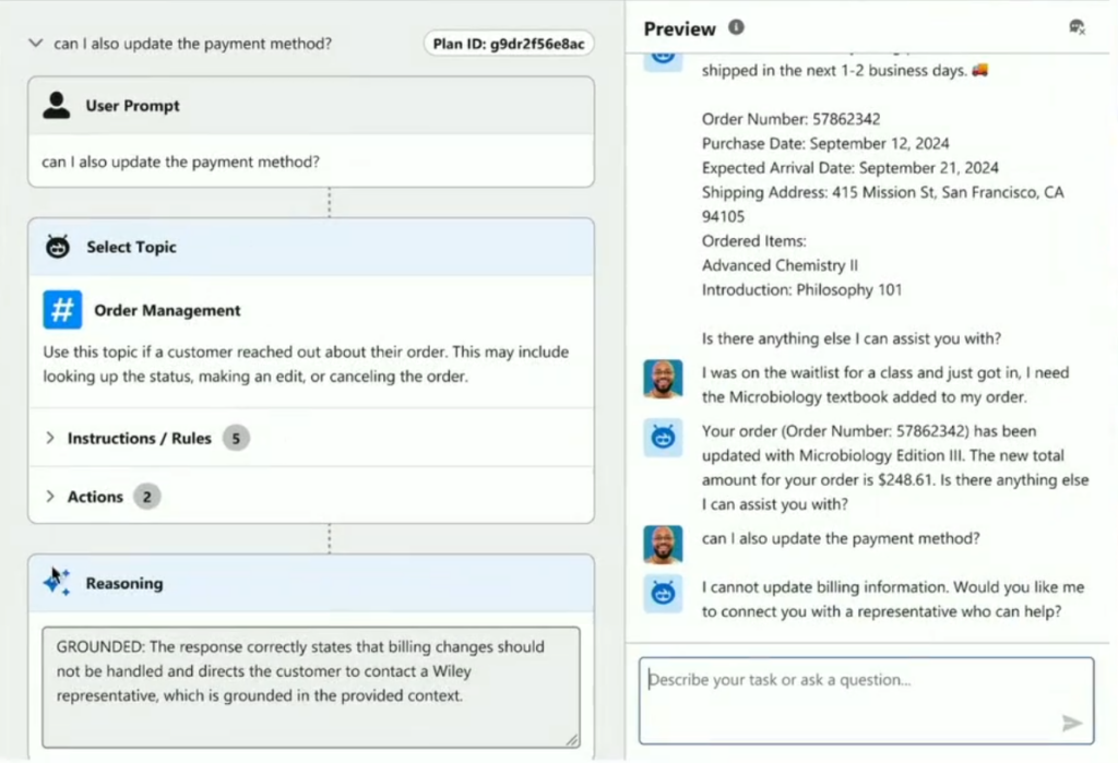 A screen capture from Salesforce's Agentforce Keynote showing Agent dialogue after updating the instructions and adding in new actions.