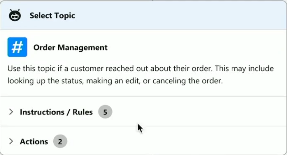 A screen capture from Salesforce's Agentforce Keynote showing an example "order management" agent topic.