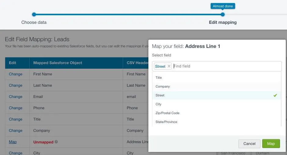 Salesforce Data Import Wizard screen showing the Edit Field Mapping step for Leads. The user is mapping the CSV field “Address Line 1” to the Salesforce field “Street” with other options like Title, Company, City, and Zip/Postal Code available.