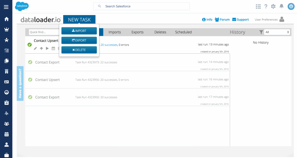 Salesforce Data Loader interface showing the “New Task” menu with options to Import, Export, or Delete records. The history panel lists recent tasks such as Contact Export and Contact Upsert with success counts and timestamps.