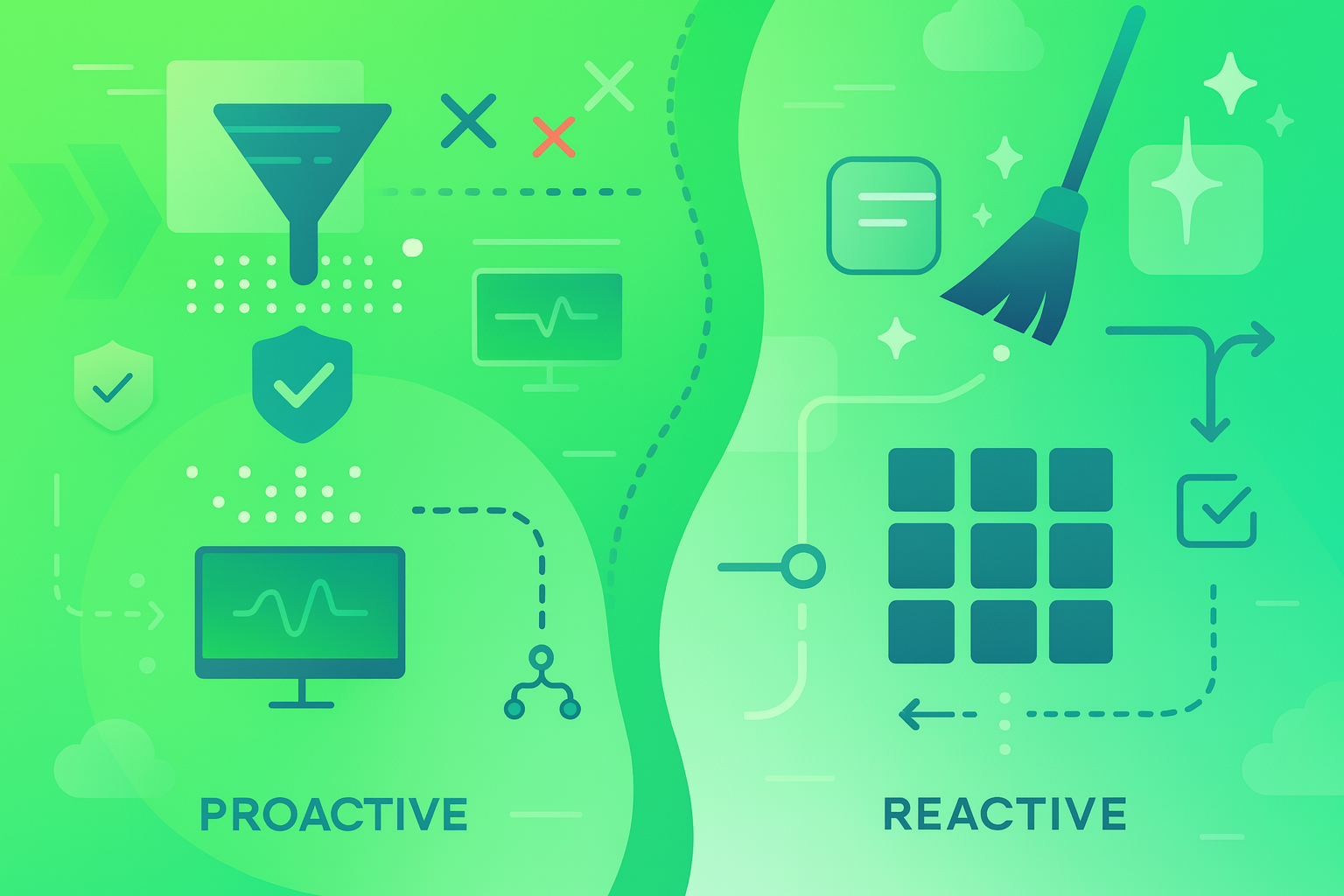 A stylized representation of Salesforce data cleansing, showing proactive and reactive data cleansing tracks.