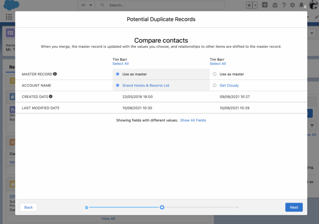 A screenshot showing an example of Salesforce duplicate merging.
