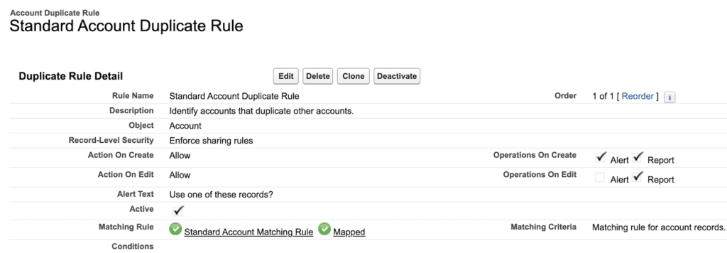 A screenshot showing an example of Salesforce duplicate rules.