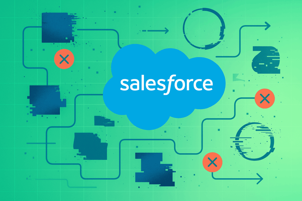 An abstract digital illustration representing dirty Salesforce data, featuring the Salesforce cloud logo surrounded by glitchy, fragmented geometric shapes, error symbols, and broken data flow lines on a green gradient background.