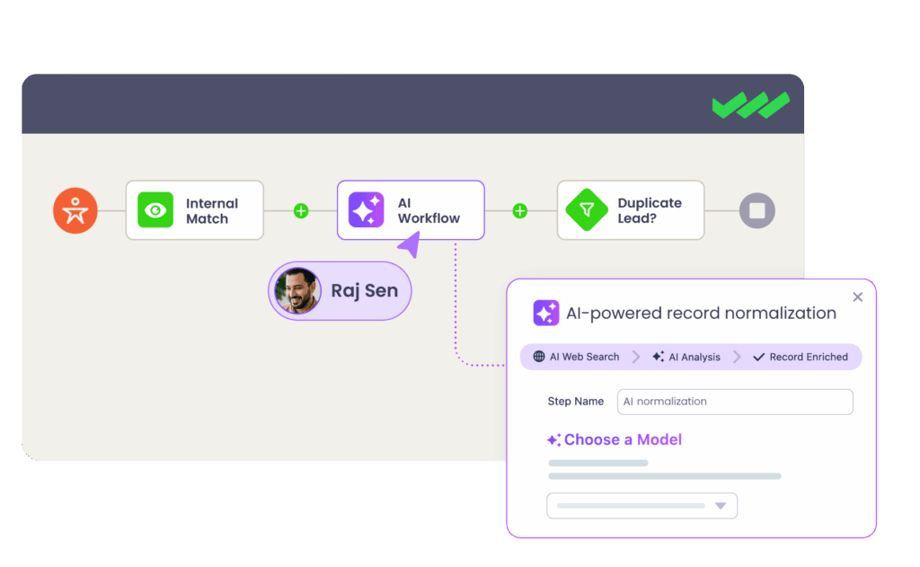 A stylized image showing a Complete Leads AI-powered workflow that normalizes salesforce fields.