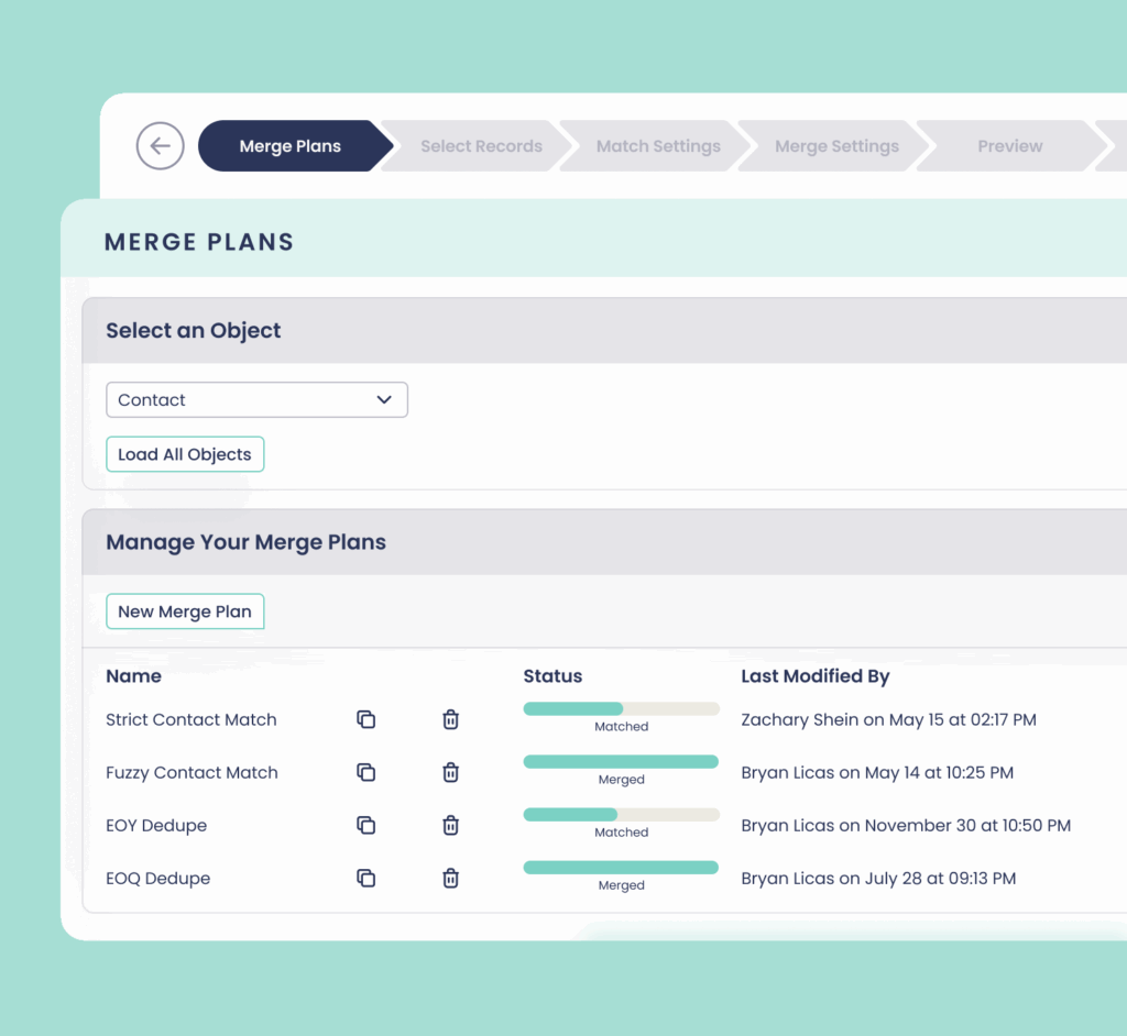 Proactive Salesforce data cleansing interface showing merge plan options for contact records, including strict and fuzzy matching, deduplication plans, and merge status tracking