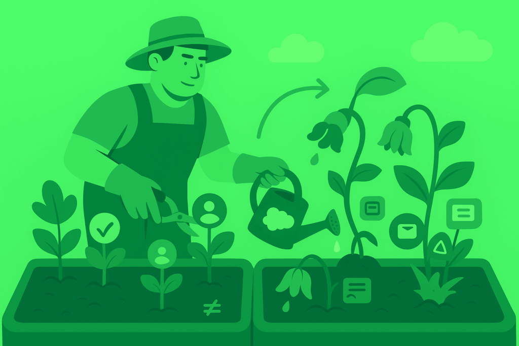 An image showing a stylized representation of reactive Salesforce data cleansing. In the image, a gardener is tending to plants in a garden bed, symbolizing duplicate Salesforce records and other elements of dirty data.