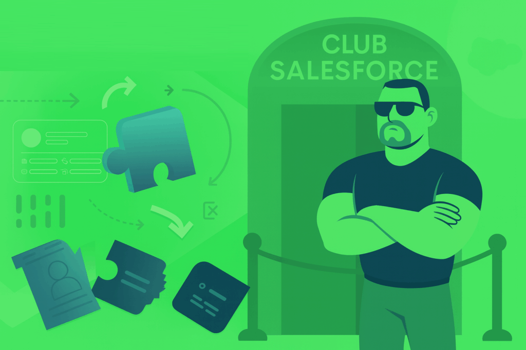 An image showing a stylized representation of proactive Salesforce data cleansing. In the image, a bouncer is standing in front of the entrance to "Club Salesforce," blocking bad data and duplicate records from entering.
