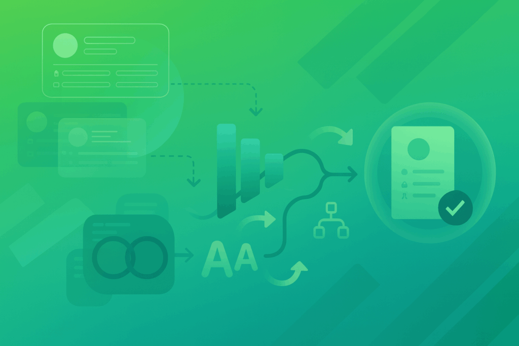 An abstract illustration describing what is Salesforce data cleansing, with clean geometric shapes and smooth data flow lines symbolizing the removal of duplicates, standardization, and organization of CRM data.