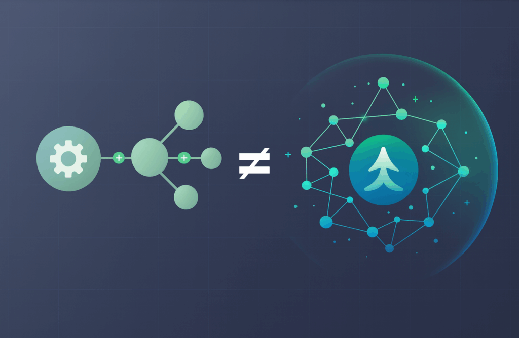 Abstract illustration showing the difference between basic automation and true AI in RevOps. On the left, a simple gear-and-node diagram represents basic automation. On the right, a connected, circular AI network with a central icon symbolizes true AI in RevOps. Text overlay shows “not equal to,” highlighting the distinction.