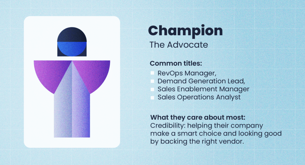 Illustration representing the “Champion” role in a B2B buying committee, labeled The Advocate. Features a stylized purple and blue figure beside text listing common titles — RevOps Manager, Demand Generation Lead, Sales Enablement Manager, and Sales Operations Analyst — and noting that they care most about credibility and helping their company make a smart choice by backing the right vendor.