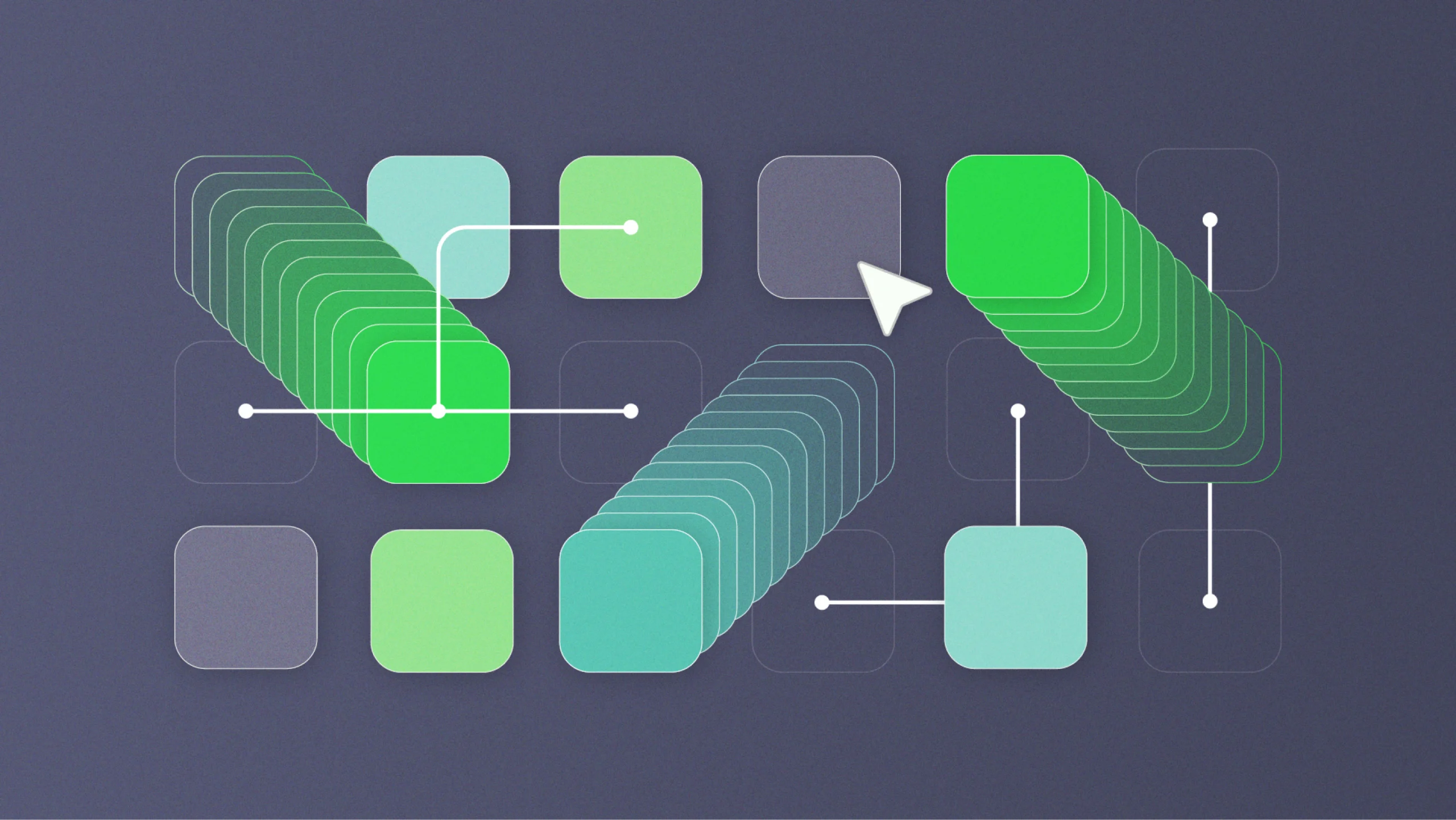 A technical diagram illustrating Salesforce account hierarchy limitations within native CRM environments. The graphic shows multiple stacks of account records with fragmented, manual connections and a cursor highlighting an 