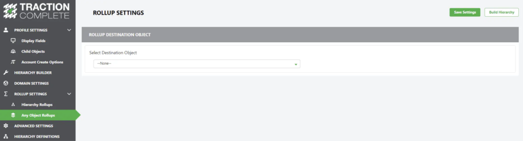 A screenshot of the Traction Complete 'Rollup Settings' interface in Salesforce, highlighting the 'Any Object Rollups' feature that allows RevOps teams to aggregate data across standard and custom objects without native relationship constraints.