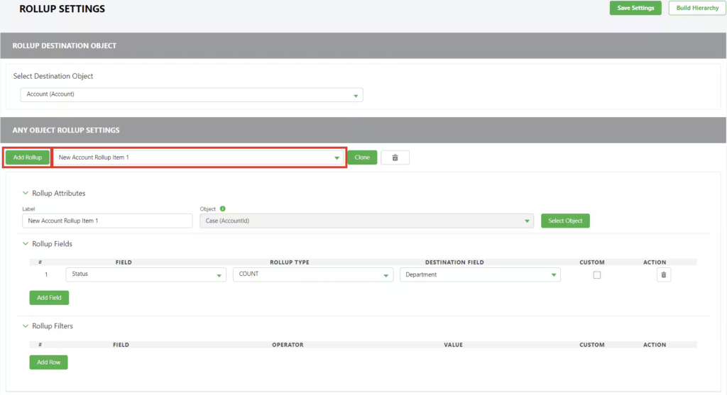 A screenshot of the Traction Complete 'Any Object Rollup Settings' dashboard in Salesforce, showing the configuration for a new Account rollup item that aggregates Case status data into a destination field.