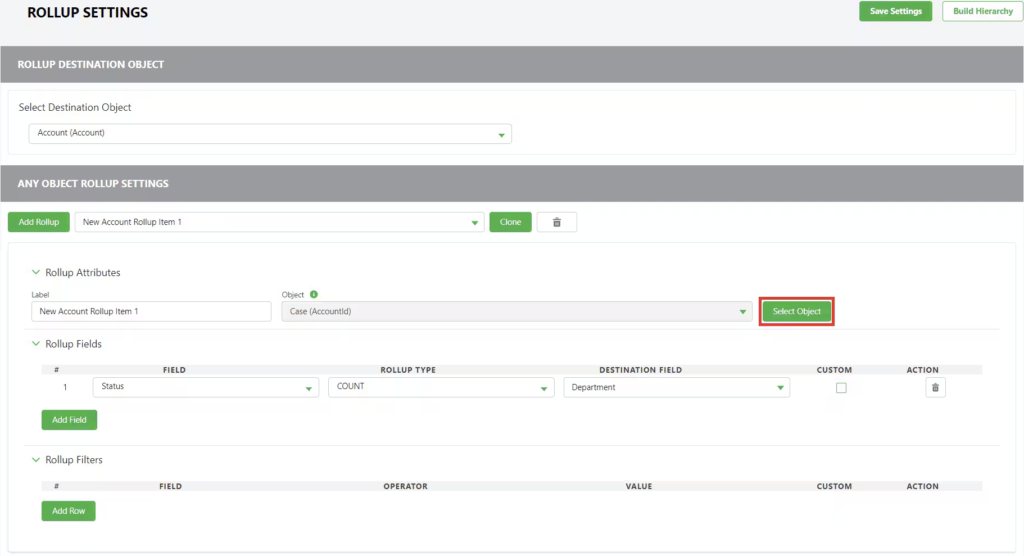 A screenshot of the Traction Complete 'Any Object Rollup Settings' interface in Salesforce, with a red box highlighting the 'Select Object' button used to choose the source of data for automated aggregation.