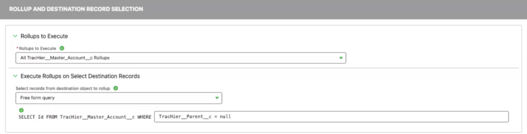 A screenshot of the Traction Complete 'Rollup and Destination Record Selection' interface in Salesforce, showing a SOQL free-form query used to target specific master accounts for automated data aggregation.