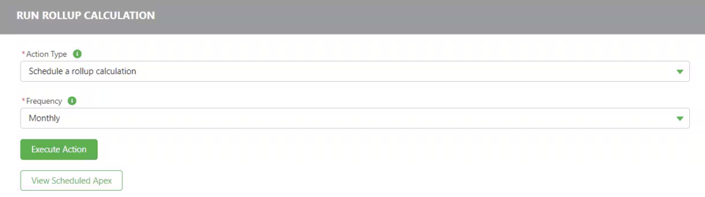 A screenshot of the Traction Complete 'Run Rollup Calculation' interface in Salesforce, showing the 'Action Type' set to schedule a rollup calculation and the 'Frequency' dropdown menu set to Monthly.
