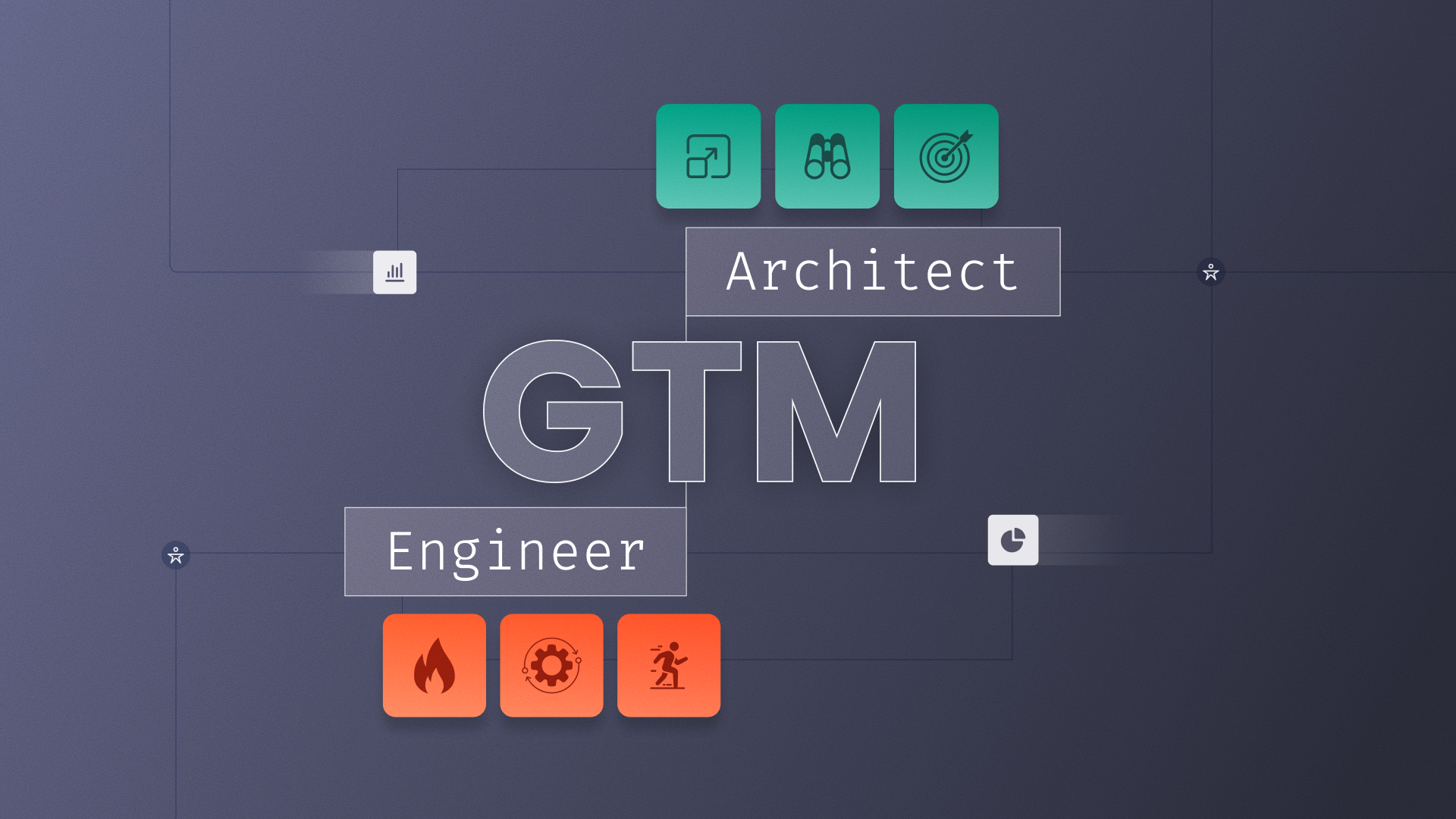 Diagram contrasting the GTM Architect role (top, with green icons for scale, vision, and targeting) and the GTM Engineer role (bottom, with orange icons for speed, automation, and execution) on a connected data-infrastructure grid.