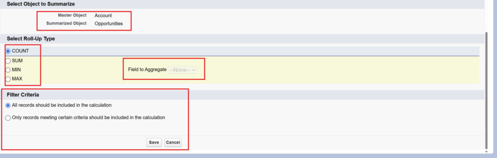 A screenshot of the Salesforce Setup 'Object Manager' interface for the Account object. Within the 'Fields & Relationships' section, the 'Roll-Up Summary' data type is selected as the first step in creating a new custom field to aggregate record data.