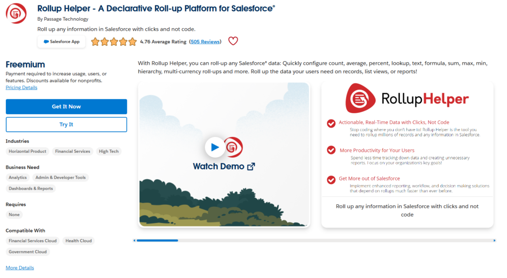 A screenshot of Rollup-helper on the Salesforce AppExchange.