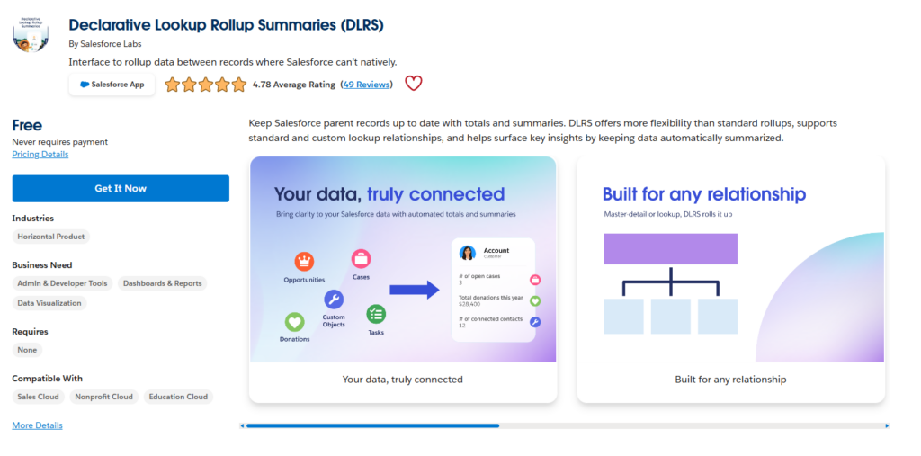 A screenshot of Salesforce Lab's Declarative Lookup Rollup Summaries page on the Salesforce AppExchange.