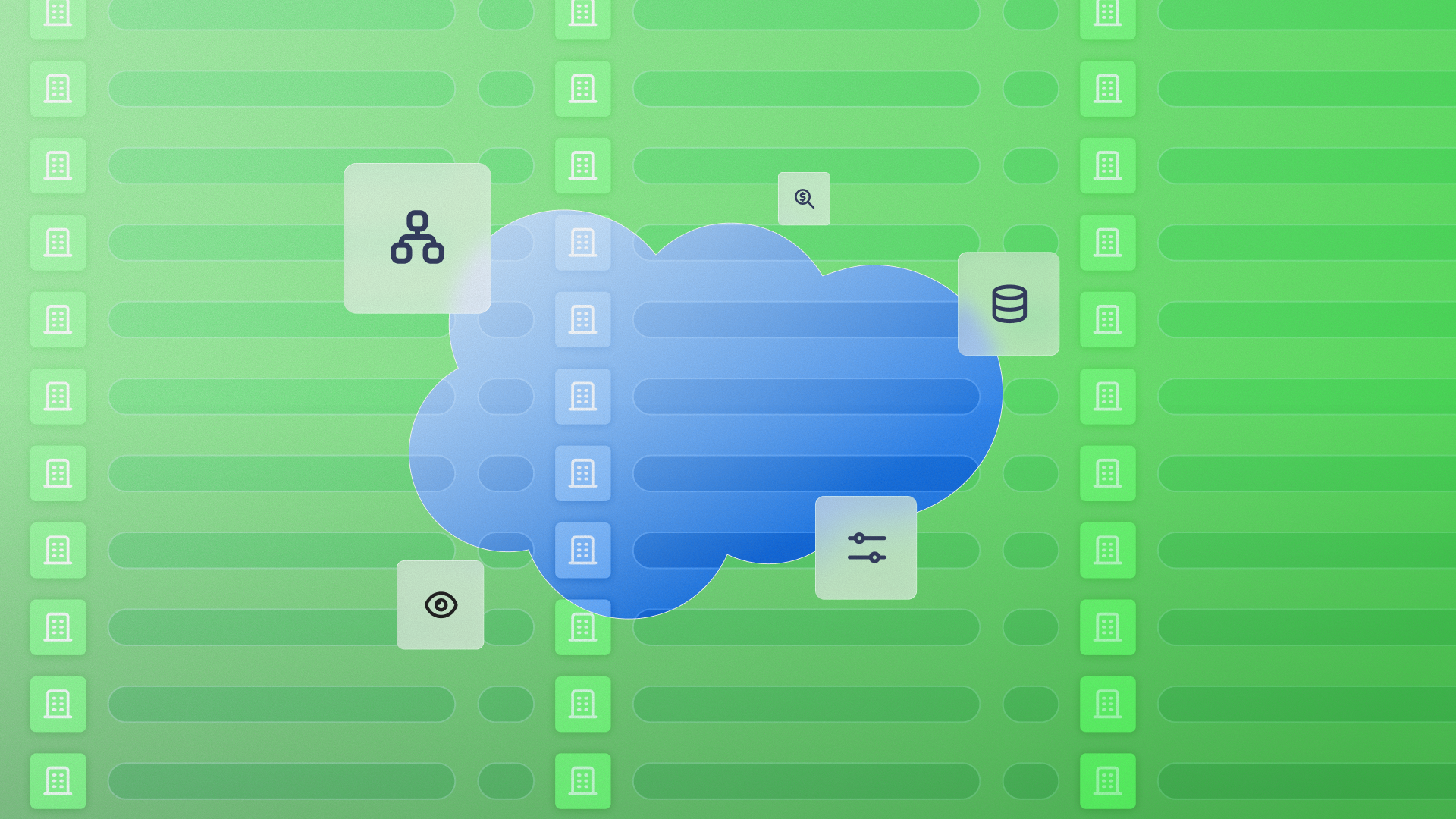 Account hierarchy software for Salesforce, shown as a cloud over rows of company records with hierarchy, data, and routing icons.