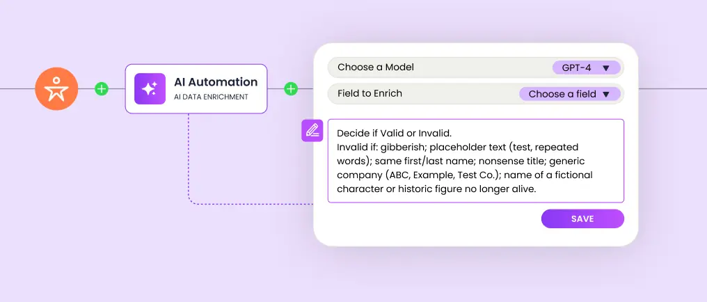 AI Automation step: choose a model and field to enrich.