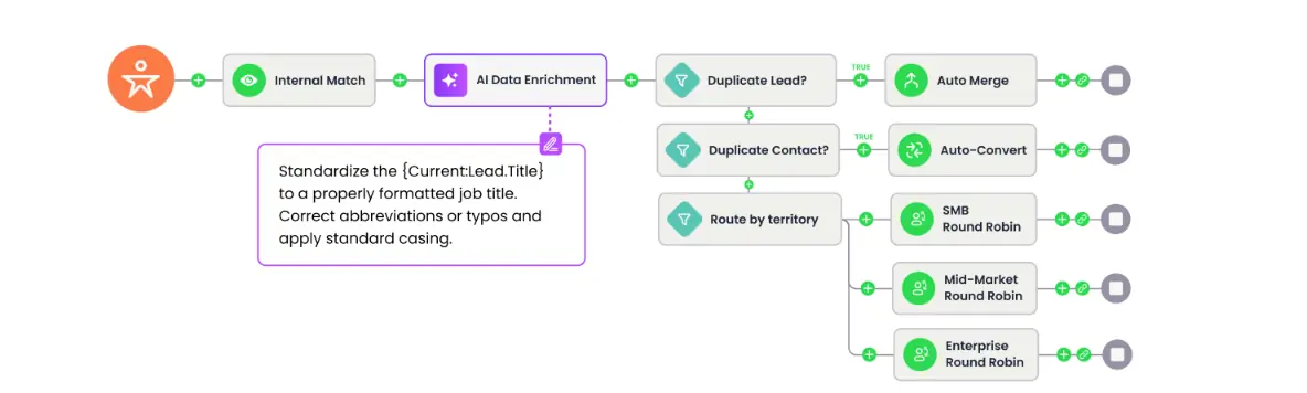 Complete Leads flow: trigger to Internal Match to AI Data Enrichment.
