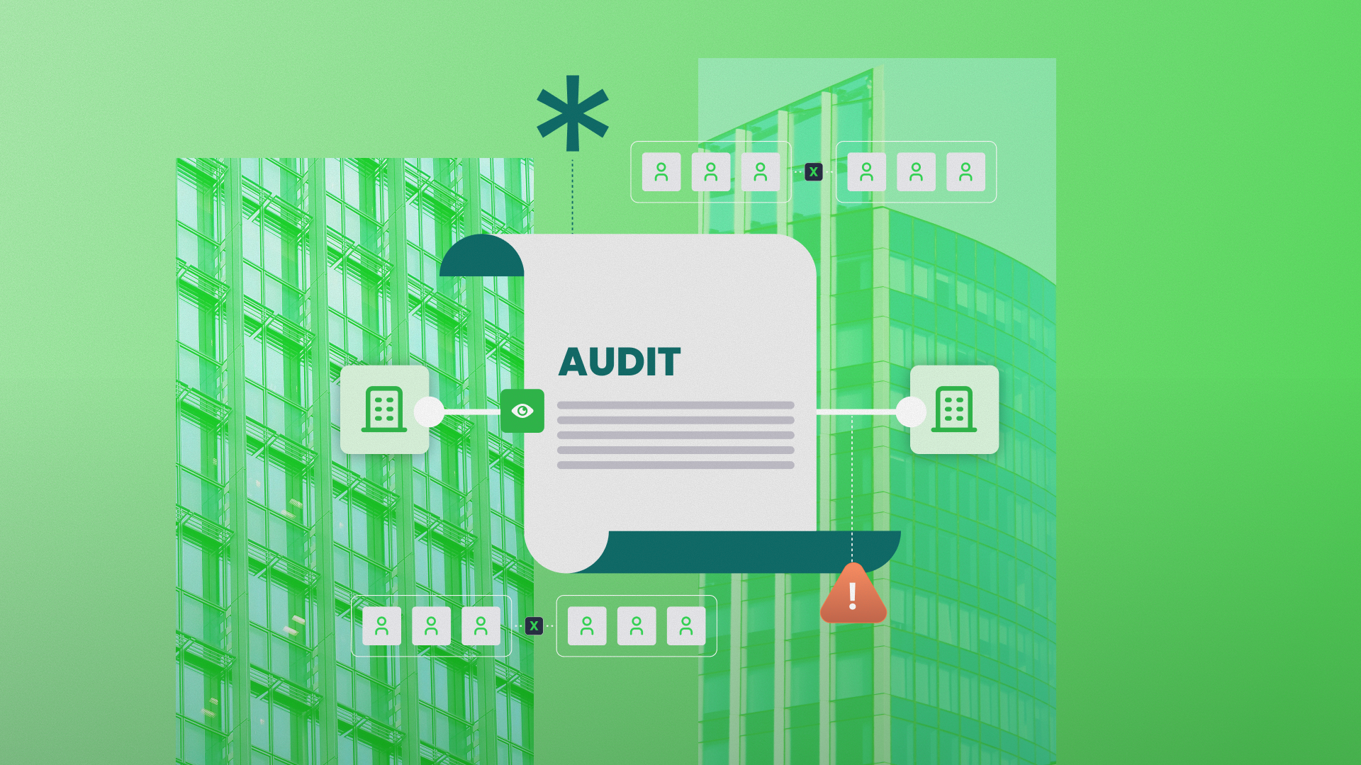 Salesforce account hierarchy audit illustrated as a document linking two company accounts, with mismatched record groups flagged.