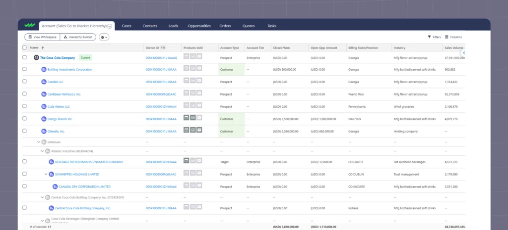 Salesforce account hierarchy with subsidiaries linked to their global ultimate parent so AI agents read the full customer